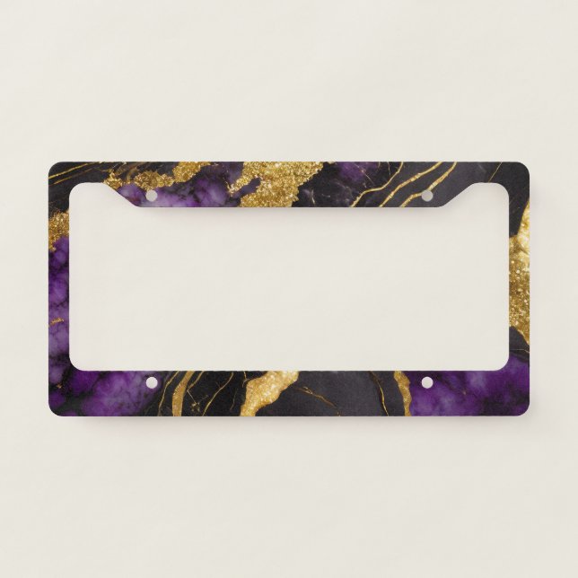 Purple Black Marble Pattern with Gold License Plate Frame (Front)