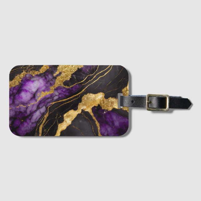 Purple Black Marble Pattern with Gold Luggage Tag (Front Horizontal)