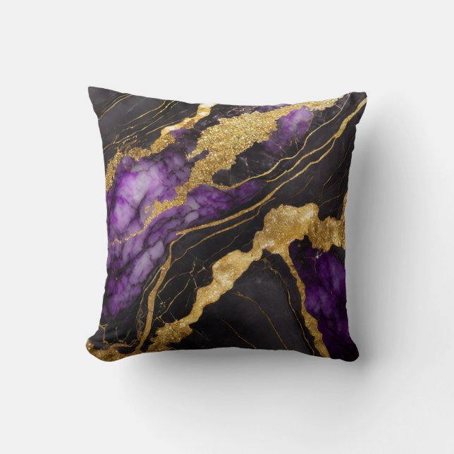 Purple Black Marble Pattern with Gold Throw Pillow (Front)