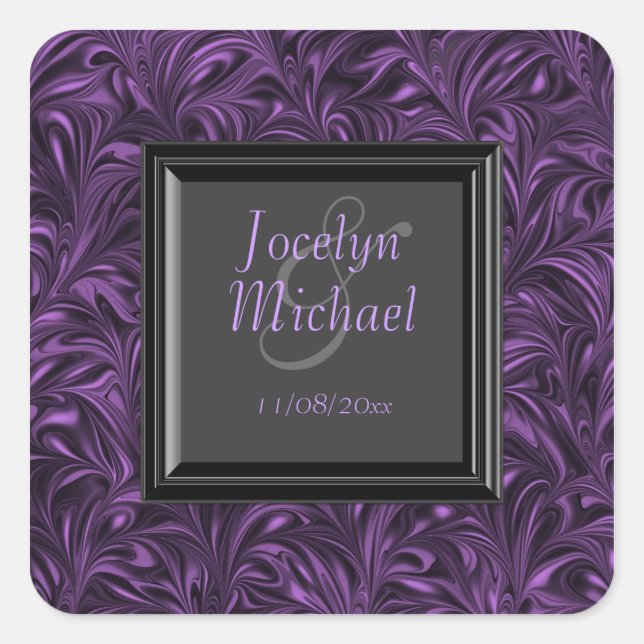 Purple Black Marbled Wedding Labels Stickers (Front)