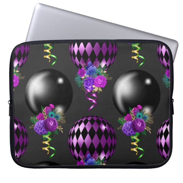 PURPLE & BLACK MARDI GRAS BALLOONS & BOUQUETS LAPTOP SLEEVE (Front)