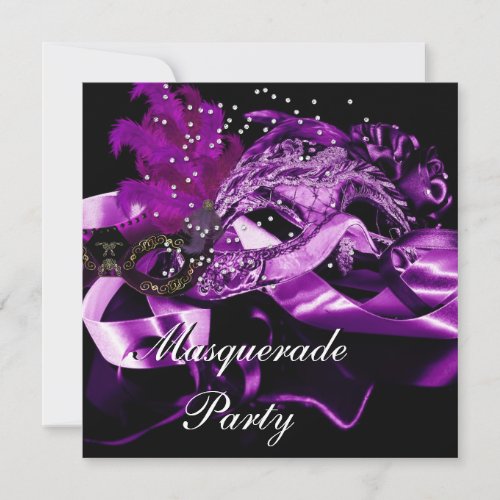 Purple Black Masks Masquerade Ball Party 2 Invitation