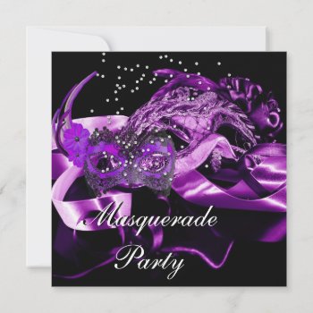 Purple Black Masks Masquerade Ball Party Invitation by Label_That at Zazzle