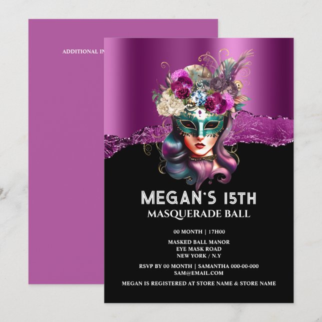 Purple black masquerade face mask rose glam invitation (Front/Back)