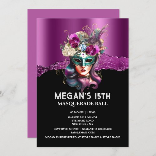 Purple black masquerade face mask rose glam invitation