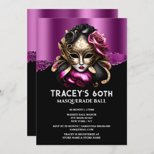 Purple black masquerade rose gold mask Venetian Invitation