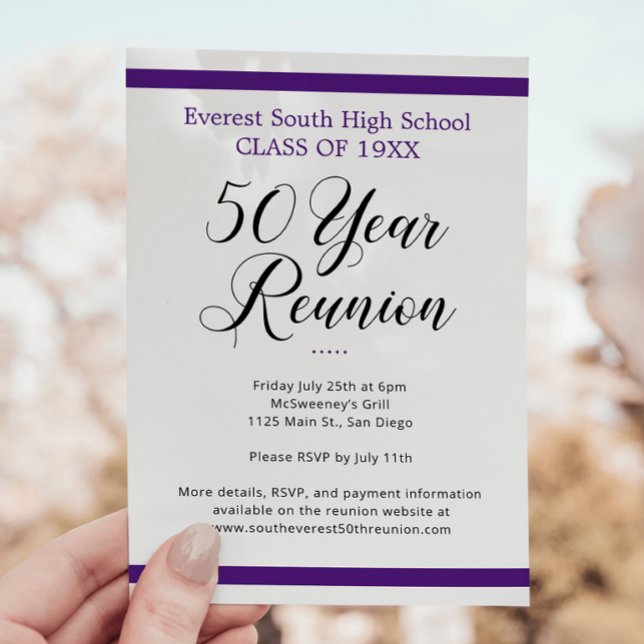Purple Black Minimalist 50 Year Class Reunion Invitation (Creator Uploaded)