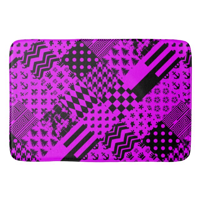 Purple Black Mixed Patterns Patchwork Design  Bath Mat (Front)