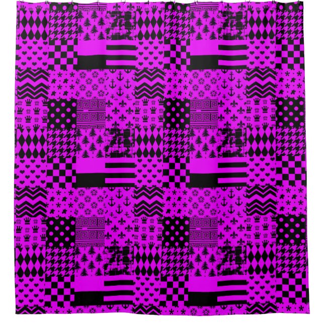 Purple Black Mixed Patterns Patchwork Design  Shower Curtain (Front)