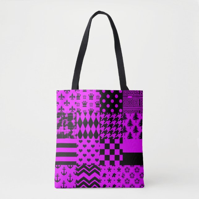 Purple Black Mixed Patterns Patchwork Design  Tote Bag (Front)