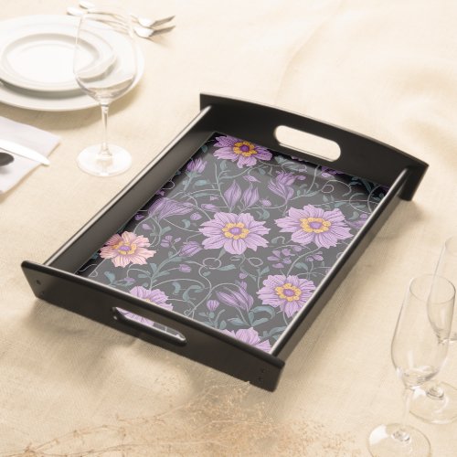 Purple black modern floral pattern Serving Trays