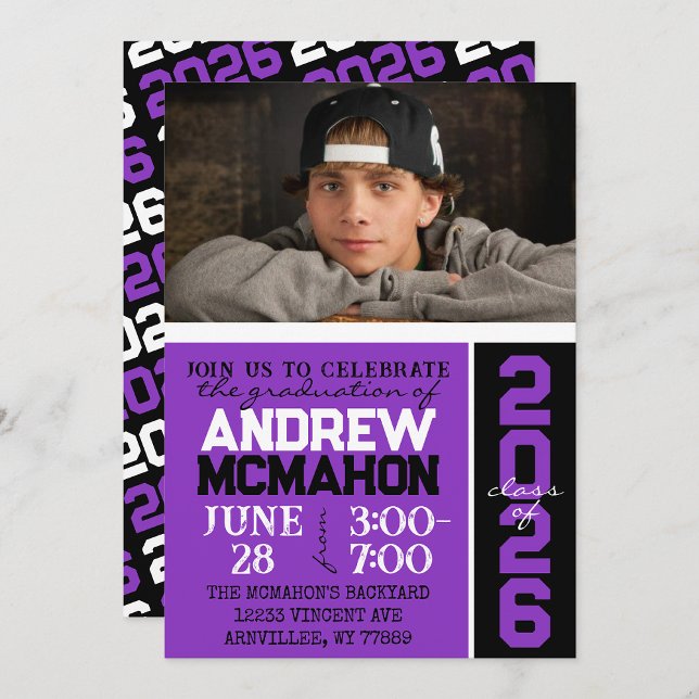 Purple & Black Modern Graduation Photo Invitation ( Repeating Class Year 1 & 2 Photo Graduation Invitations & Announcements)