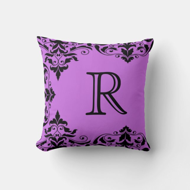 Purple & Black Monogram Damask Pillow (Front)