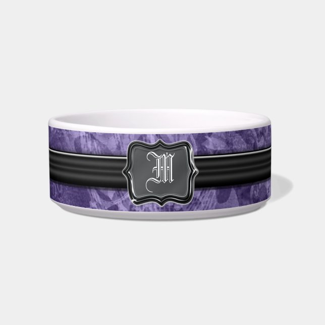 Purple black monogram designer pet bowl (Front)