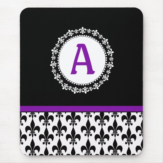 Purple Black Monogram Fleur de Lis Mouse Pad (Front)