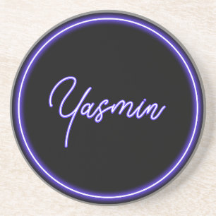 Purple Black Neon Script Stylish Wedding Favor Coaster