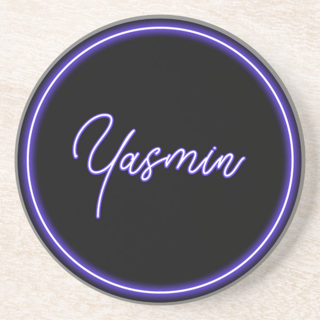 Purple Black Neon Script Stylish Wedding Favor Coaster (Front)