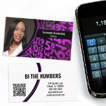 Purple Black Numbers Custom Photo QR Code Business Card<br><div class="desc">A purple and black numbers background on this design features a photo placeholder on the left with template name on the right. The back includes a coordinated design and colors with text fields for the business name and details. Replace the placeholder photo with your vertical format photograph and your link...</div>