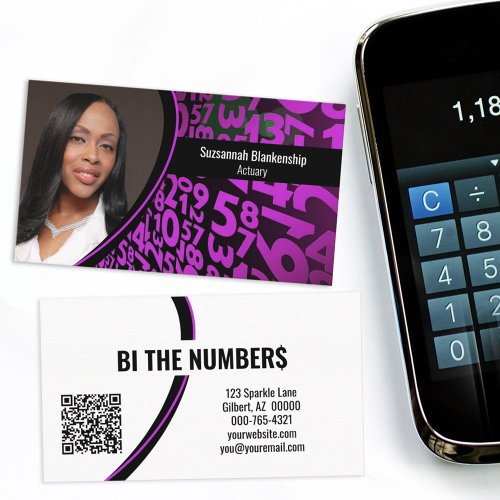 Purple Black Numbers Custom Photo QR Code Business Card