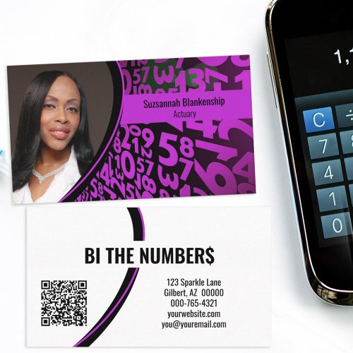 Purple Black Numbers Custom Photo QR Code Business Card