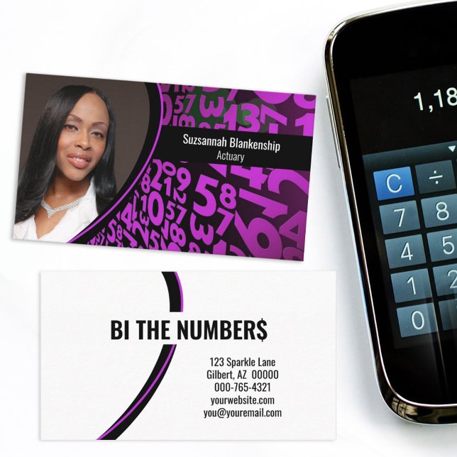 Purple Black Numbers Custom Professional Photo  Business Card (Share you information on this black and purple numbers double-sided custom photo business card.)