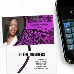 Purple Black Numbers Custom Professional Photo  Business Card<br><div class="desc">A purple and black numbers background on this design features a photo placeholder on the left with template name on the right. The back includes a coordinated design and colors with text fields for the business name and details. Replace the placeholder photo with your vertical format photograph. Fill in the...</div>