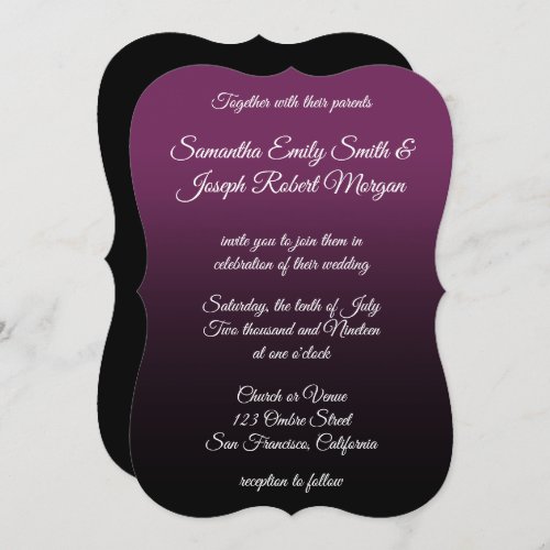 Purple Black Ombre Elegant Calligraphy Wedding Invitation