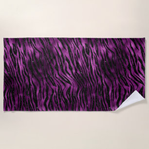 Purple & Black Ombre Glam Glitter Tiger Stripes Beach Towel