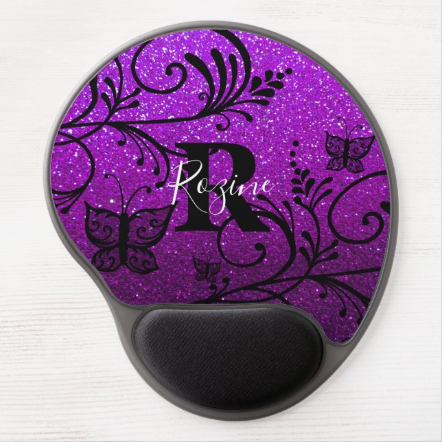 Purple Black Ombre Glitter Butterfly Floral Flower Gel Mouse Pad (Front)