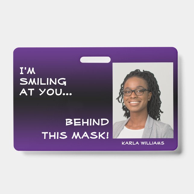Purple & Black Ombre Smiling Hello Behind Mask Badge (Front)