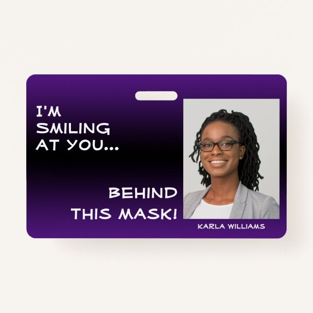 Purple & Black Ombre Smiling Hello Behind Mask Badge (Front)