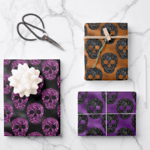 Purple, Black & Orange Glitter Skulls Halloween Wrapping Paper Sheets