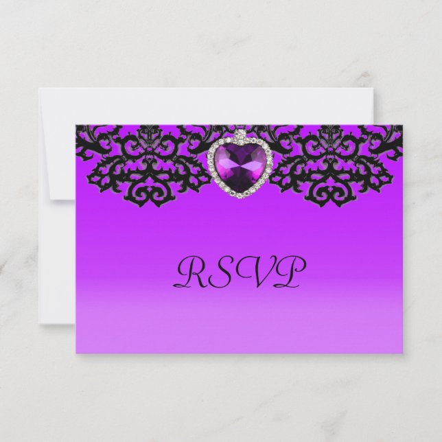 Purple & Black Ornate Heart Pendant Wedding RSVP Card (Front)