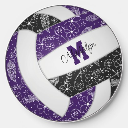purple black paisley doodles girls volleyball wireless charger 