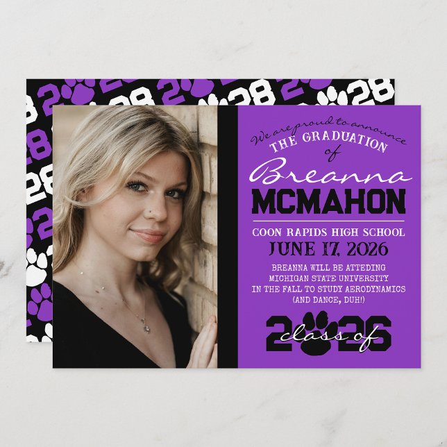 Purple & Black Paw Print Graduation Announcement ( Repeating Class Year 1 & 2 Photo Graduation Invitations & Announcements)