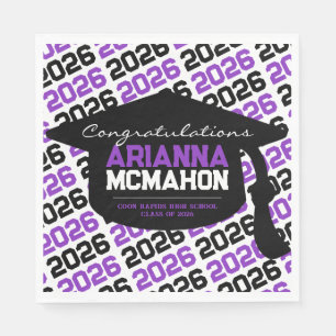 Purple & Black Personalized Graduation Cap Paper Napkins