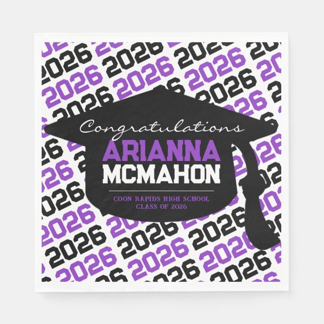 Purple & Black Personalized Graduation Cap Paper Napkins (Front)