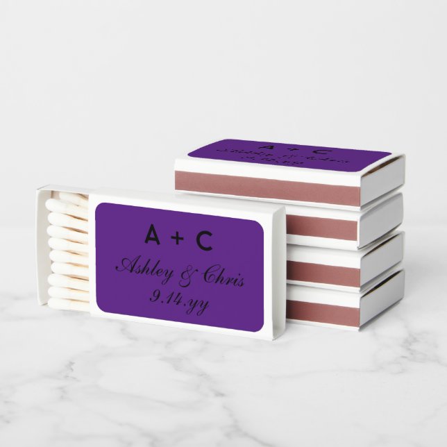 Purple Black Personalized Wedding Reception Favor Matchboxes (Stacked)