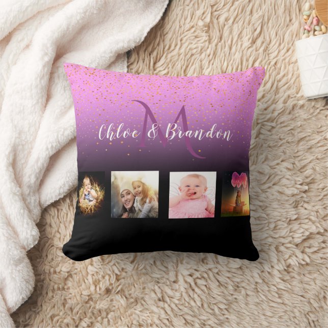 Purple black photo collage name monogram throw pillow (Blanket)