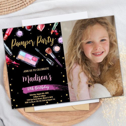 Purple Black Photo Pamper Party Birthday Invitation