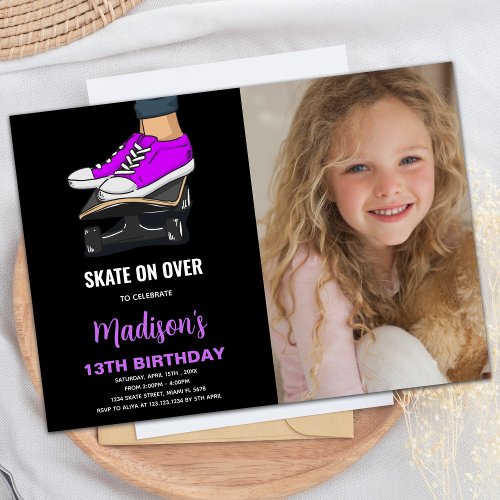 Purple Black Photo Skateboards Birthday Invitation