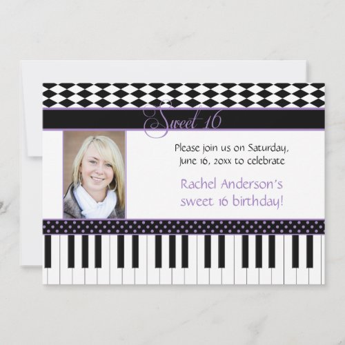 Purple Black Piano Theme Sweet 16 Birthday Invitation