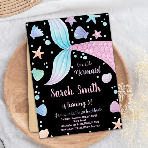 Purple Black Pink Mermaid Tail Birthday Invitation