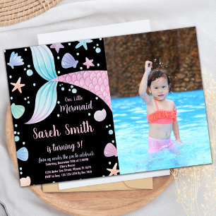 Purple Black Pink Photo Mermaid Tail Birthday Invitation
