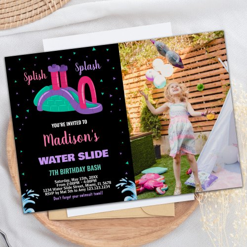 Purple Black Pink Photo Water Slide Birthday Invitation