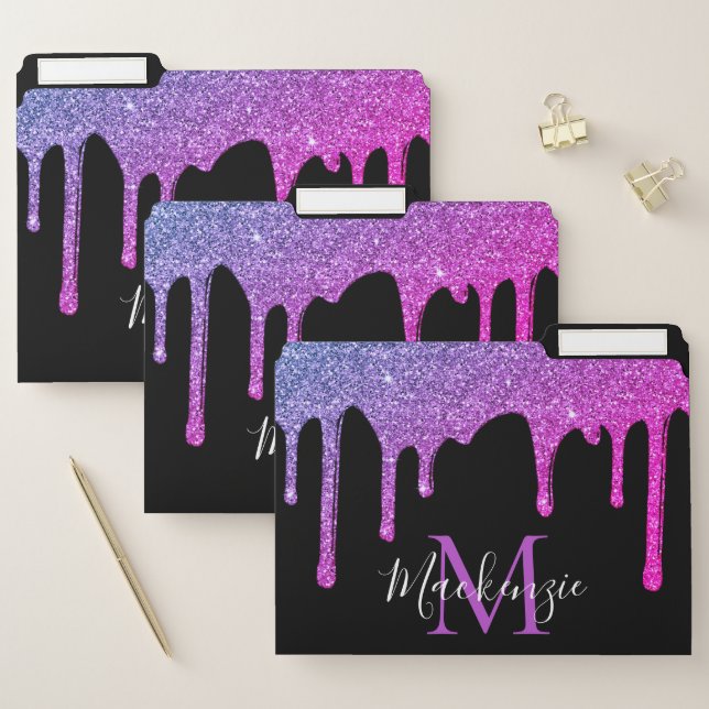 Purple Black Pink Sparkle Glitter Drips Monogram File Folder (Set)