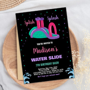 Purple Black Pink Water Slide Birthday Invitations