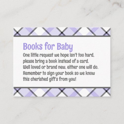 Purple  Black Plaid Baby Shower Book Request Enclosure Card