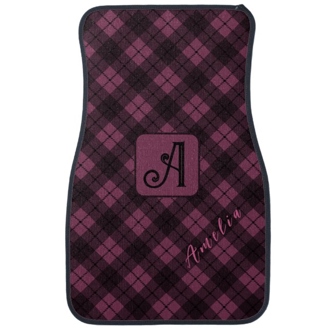 Purple Black Plaid Customize Name Car Floor Mat (Front)