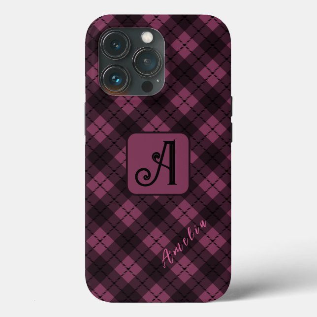 Purple Black Plaid Customize Name Case-Mate iPhone Case (Back)